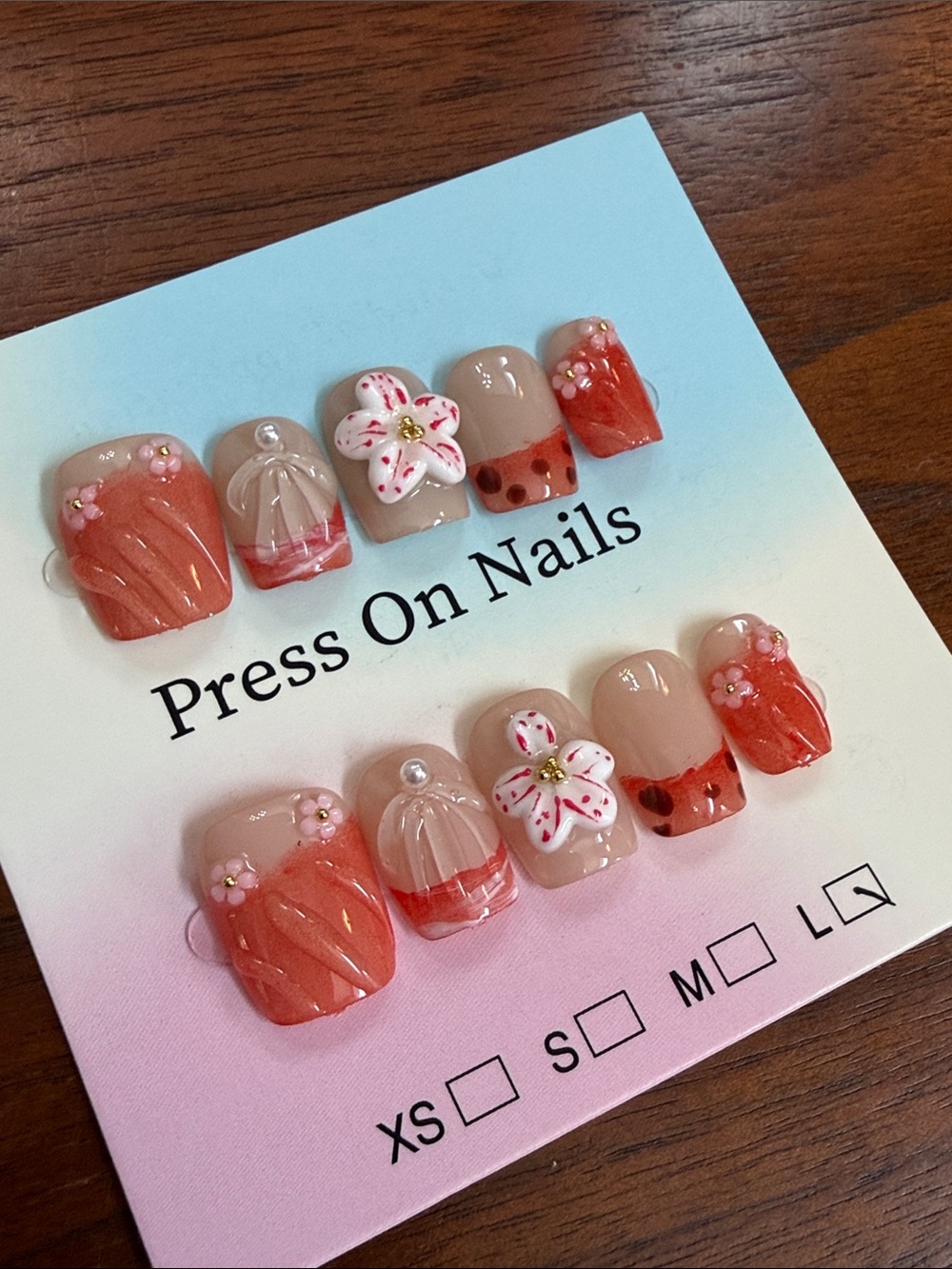Press-On Nail Set - Coral Pink Floral Accent - Women Makeup Press-On Nails 3D